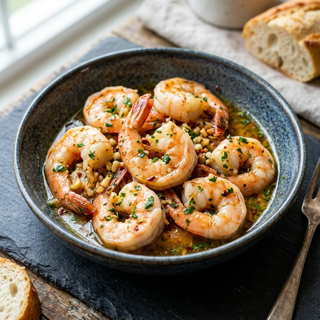 Delicious shrimp in garlic butter served with a sprinkle of parsley.