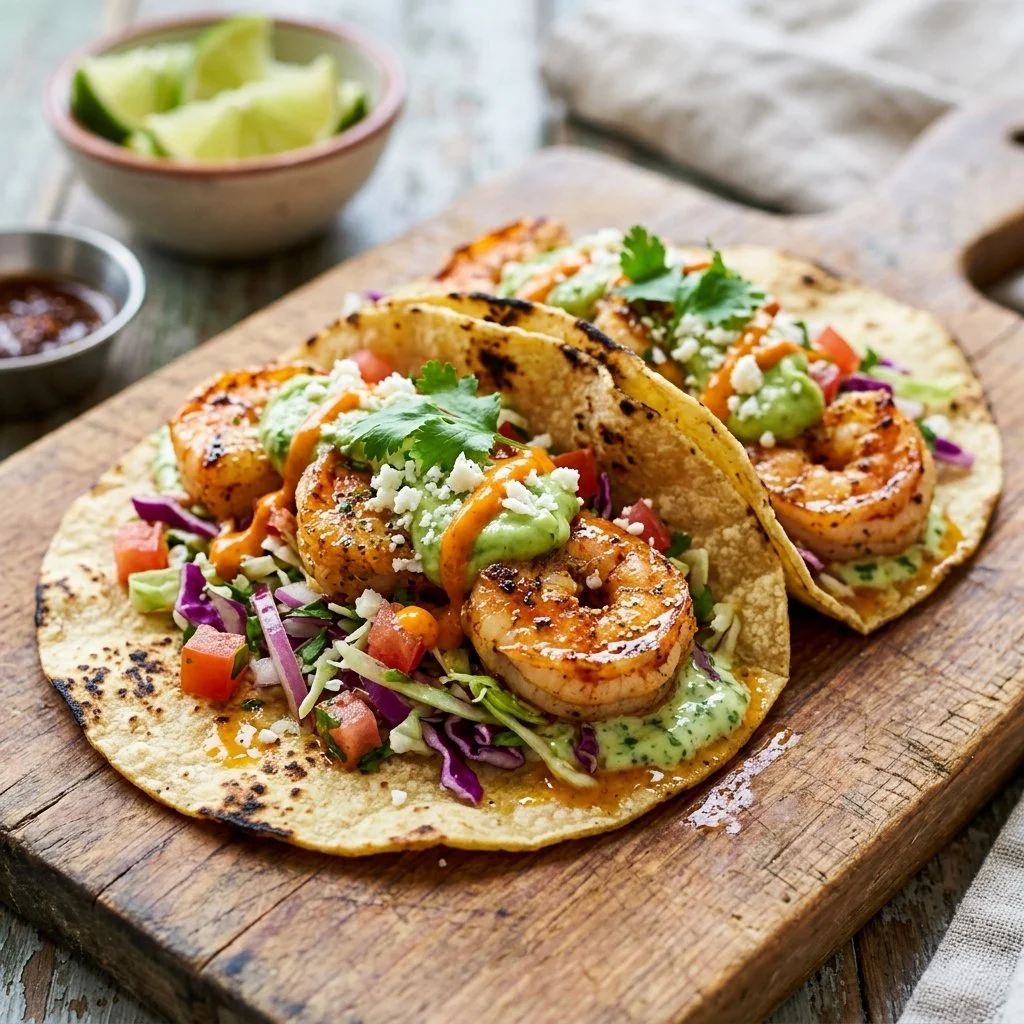 Delicious shrimp tacos served with fresh toppings and lime wedge.
