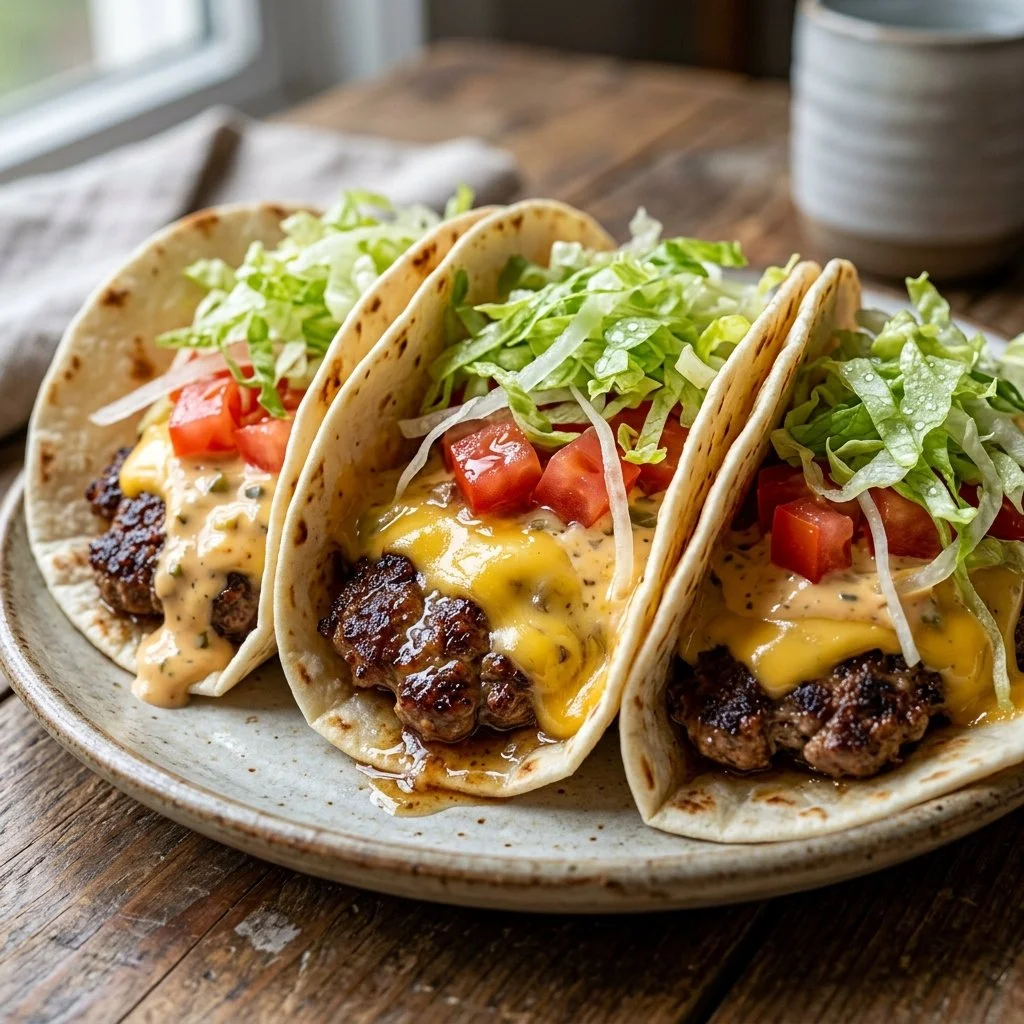 Smash Burger Tacos showcasing crispy beef patties wrapped in soft tortillas.