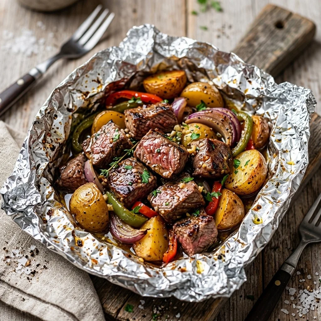 Steak and Potato Foil Packets ready for grilling and serving.