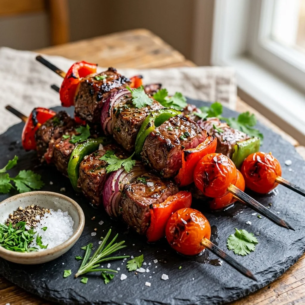 Grilled Steak Kabobs with colorful vegetables on skewers