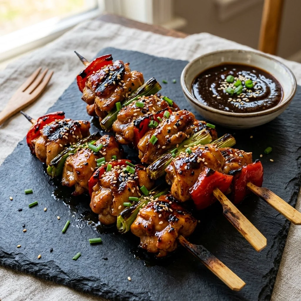 Grilled teriyaki chicken skewers garnished with sesame seeds and green onions