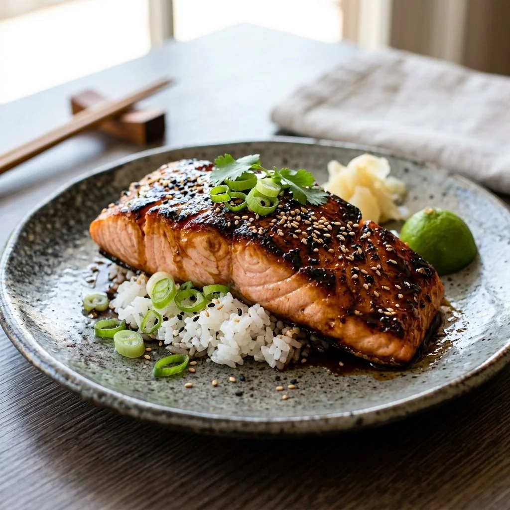 Deliciously grilled Teriyaki Salmon served with vegetables and rice