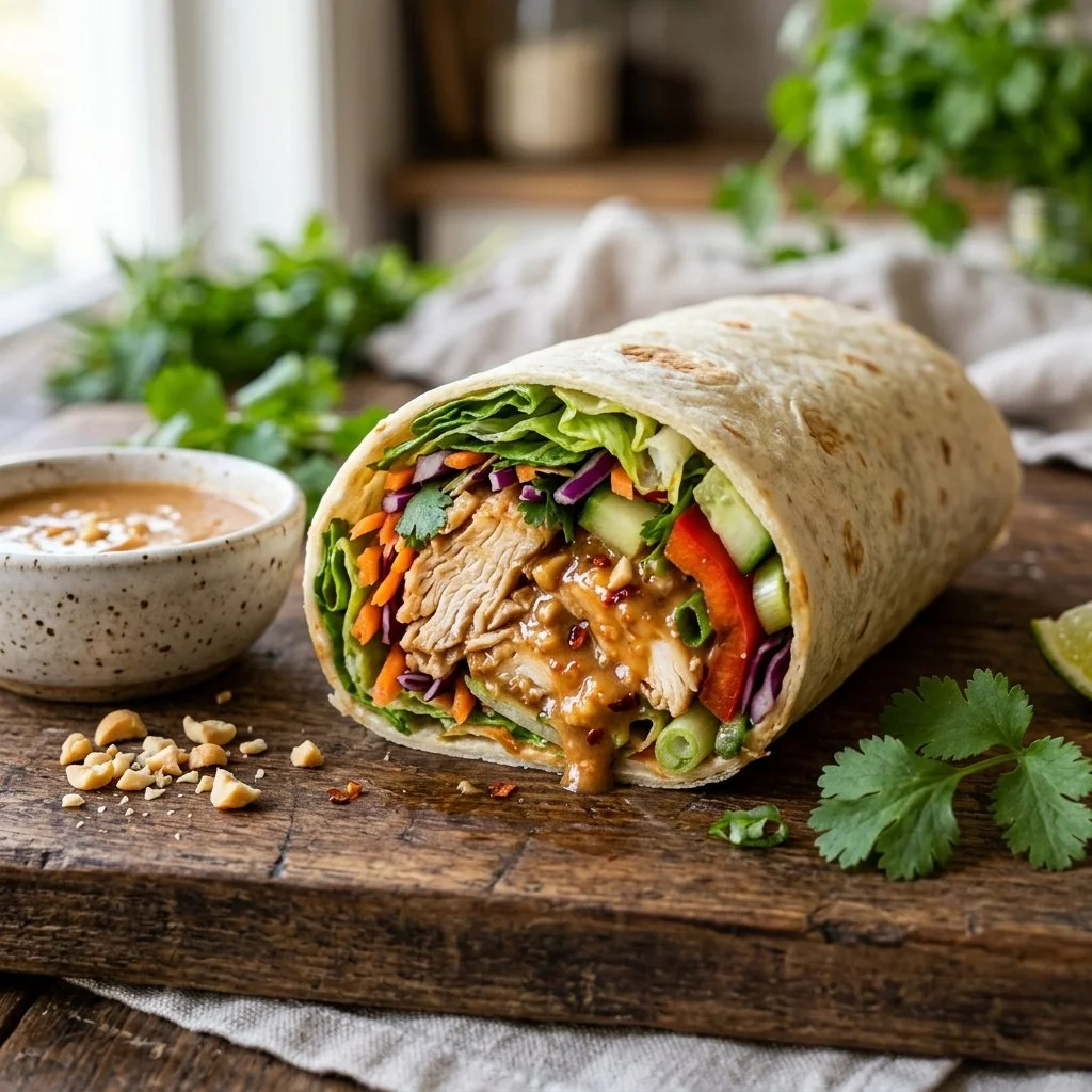 Thai Peanut Chicken Wrap served with fresh vegetables and peanuts