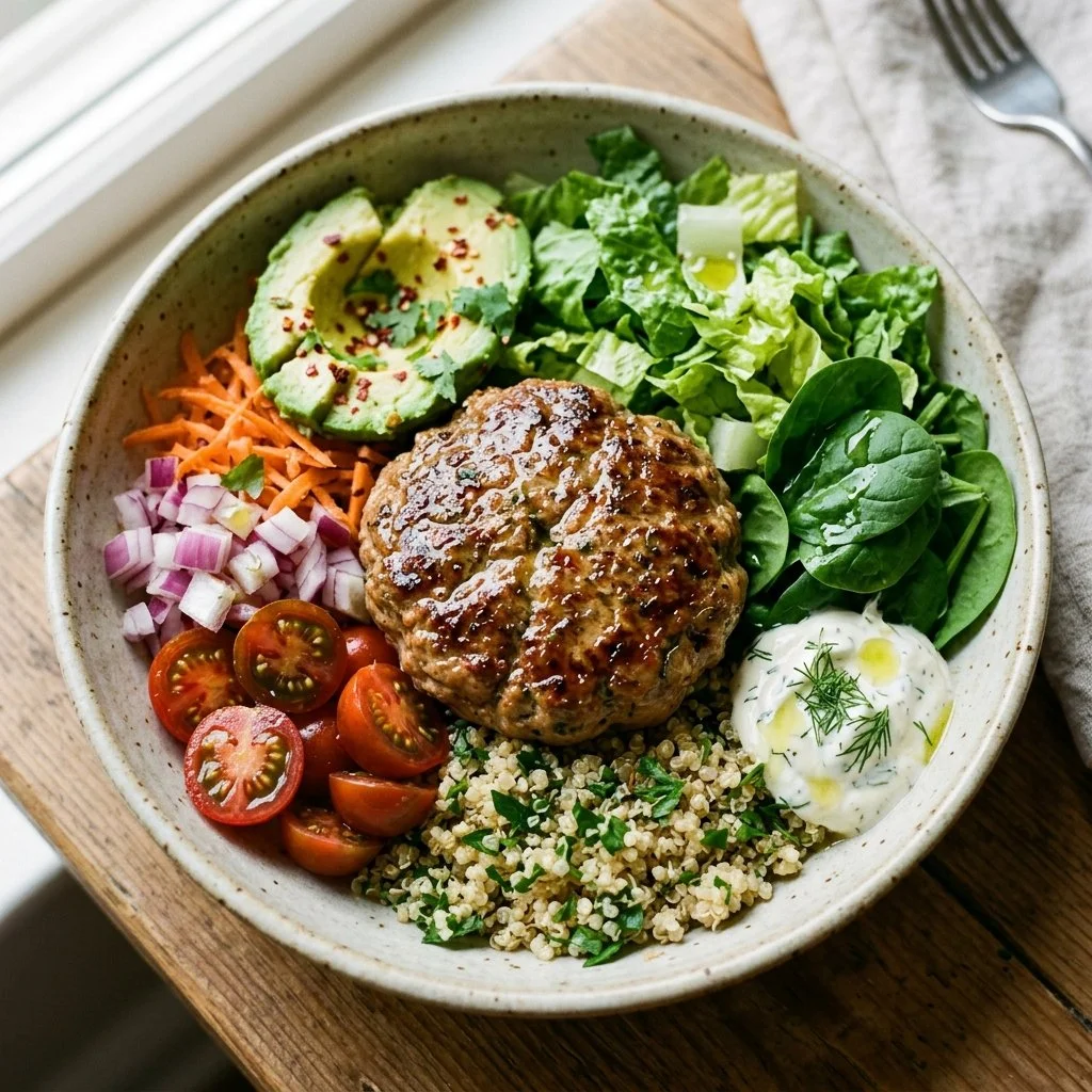 Delicious turkey burger bowl topped with fresh vegetables and sauce