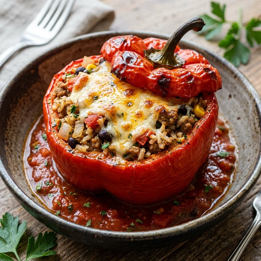 Colorful turkey stuffed peppers served on a plate, garnished beautifully.