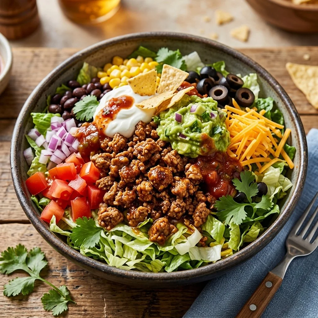 Healthy Turkey Taco Salad with fresh ingredients and vibrant colors