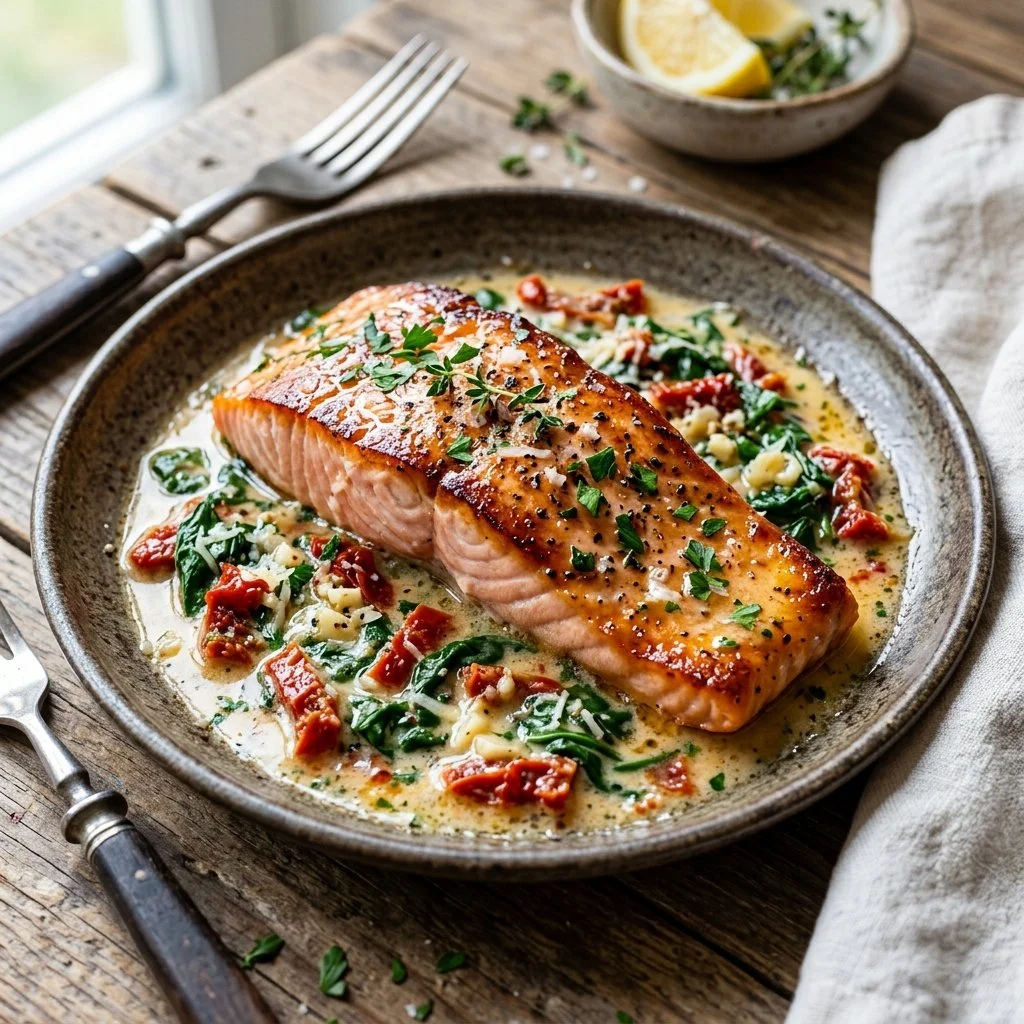 Delicious Tuscan Butter Salmon served with herbs and creamy sauce.
