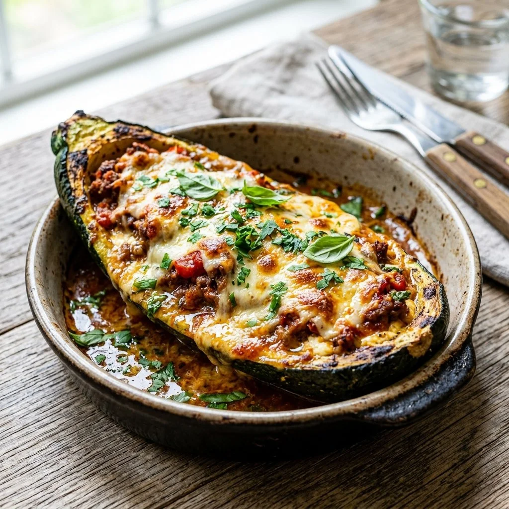 Zucchini Boat Lasagna with rich filling and melted cheese on a serving dish.